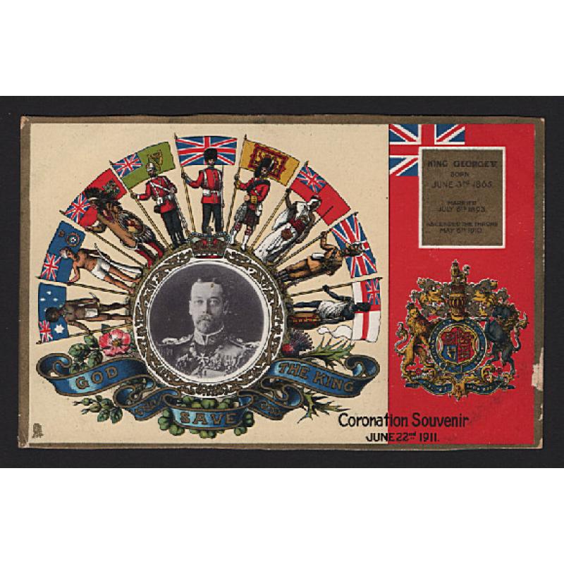 (ME1501) GREAT BRITAIN · 1911: unused "Oilette" card by R. Tuck from the CORONATION series featuring a portrait of KGV with flags · small edge fault so it's a $5 STARTER!!