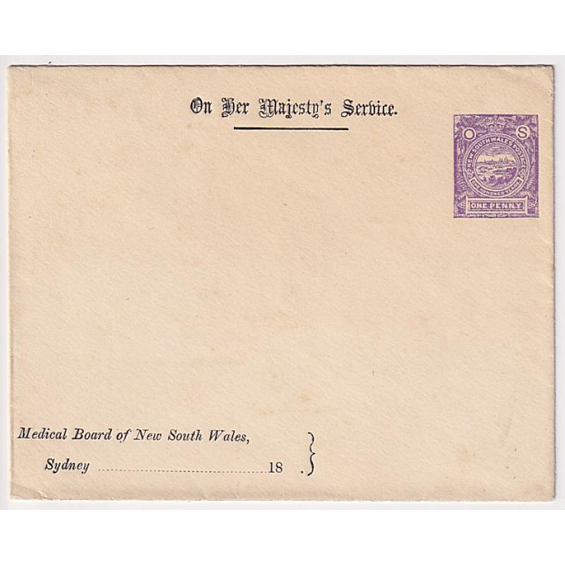 (MK1002) NEW SOUTH WALES · 1880s: unused Medical Board of NSW stamped to order OHMS envelope with 'OS' 1d '100 Years' indicium H&G DB8 · some hinge remnant on verso o/wise in nice condition