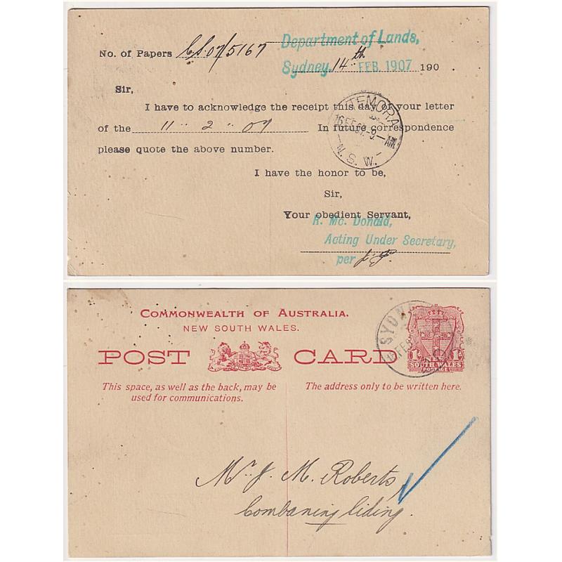 (MK1004) NEW SOUTH WALES · 1907: 1d Shield postal card H&G 30 privately optd on verso for use as an advice card in this case, by the Department of Lands · some 'specks' on front o/wise in excellent condition