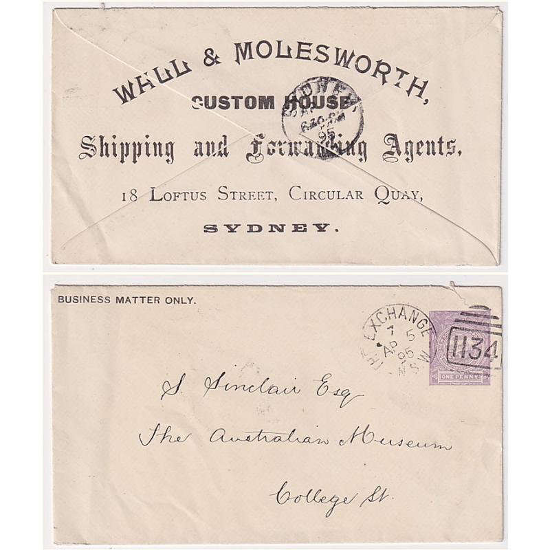 (MK1006) NEW SOUTH WALES · 1895: stamped-to-order envelope with 1d '100 Years' indicium H&G KB3 used by  Wall & Molesworth, Shipping and Forwarding Agents, Sydney · excellent to fine condition