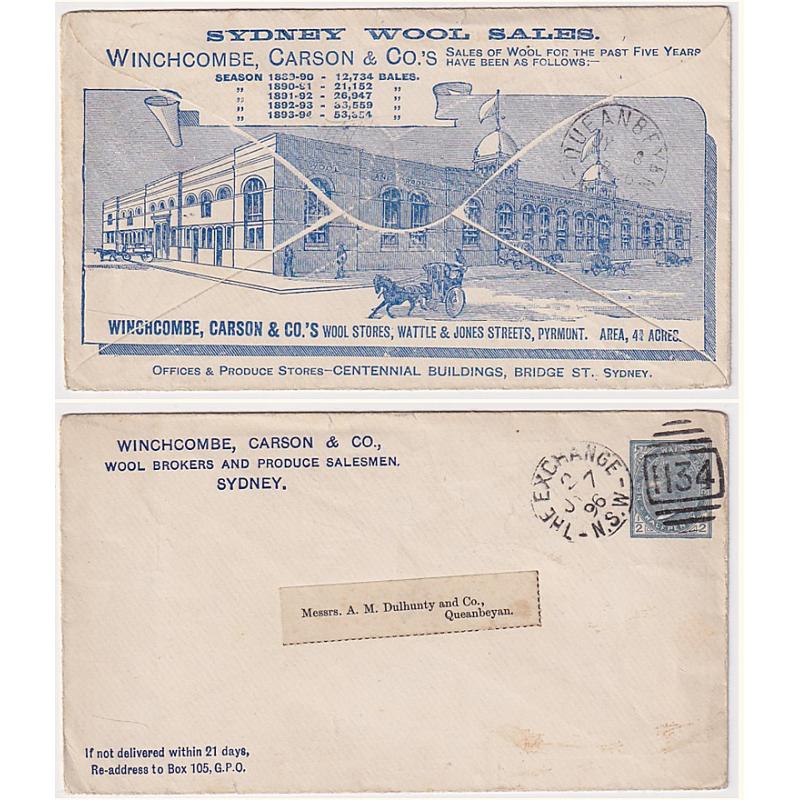 (MK1007) NEW SOUTH WALES · 1896: attractive Winchcombe, Carson & Co. advertising envelope stamped-to-order with a ½d QV indicium H&G KB6 · excellent condition