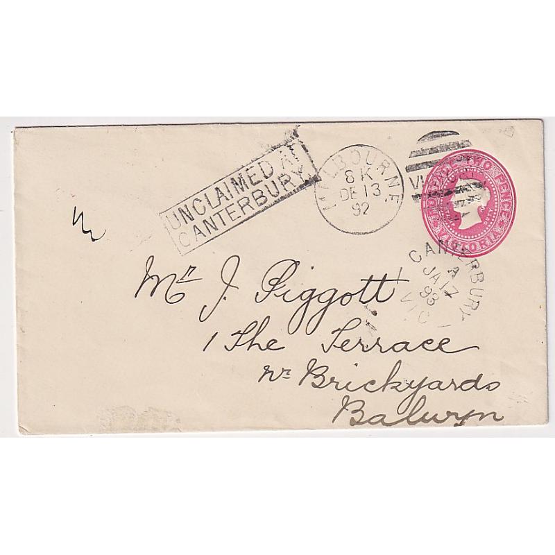 (MK1010) VICTORIA · 1892: used 2d rose on white QV (with Stamp Duty) envelope · marked "Gone away" on back with UNCLAIMED AT CANTERBURY h/s ·Melbourne DLO b/s · excellent to fine condition