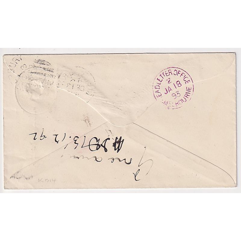 (MK1010) VICTORIA · 1892: used 2d rose on white QV (with Stamp Duty) envelope · marked "Gone away" on back with UNCLAIMED AT CANTERBURY h/s ·Melbourne DLO b/s · excellent to fine condition