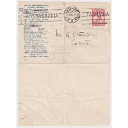 (MK1425) TASMANIA · 1913: used stamped-to-order lettersheet with Original Die 1d Roo indicium BW LSS2 used by Roberts & Co. Ltd · advertising on front panel · see full description · c.v. AU$1000 (2 images)