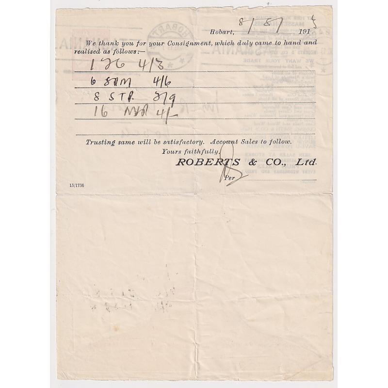 (MK1425) TASMANIA · 1913: used stamped-to-order lettersheet with Original Die 1d Roo indicium BW LSS2 used by Roberts & Co. Ltd · advertising on front panel · see full description · c.v. AU$1000 (2 images)