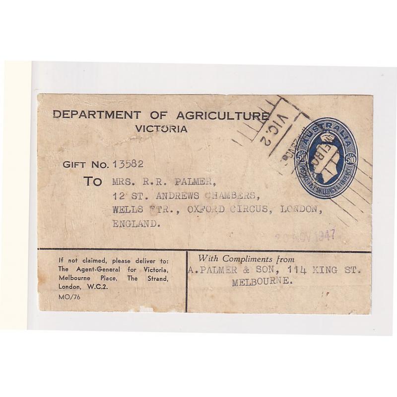 (MK1426) AUSTRALIA · VICTORIA  1946/49: used stamped-to-order parcel label with oval 5/10d blue KGVI indicium used by the Department of Agriculture Victoria BW PL4B · some wear and soiling but quite displayable · rare item with c.v. AU$1500