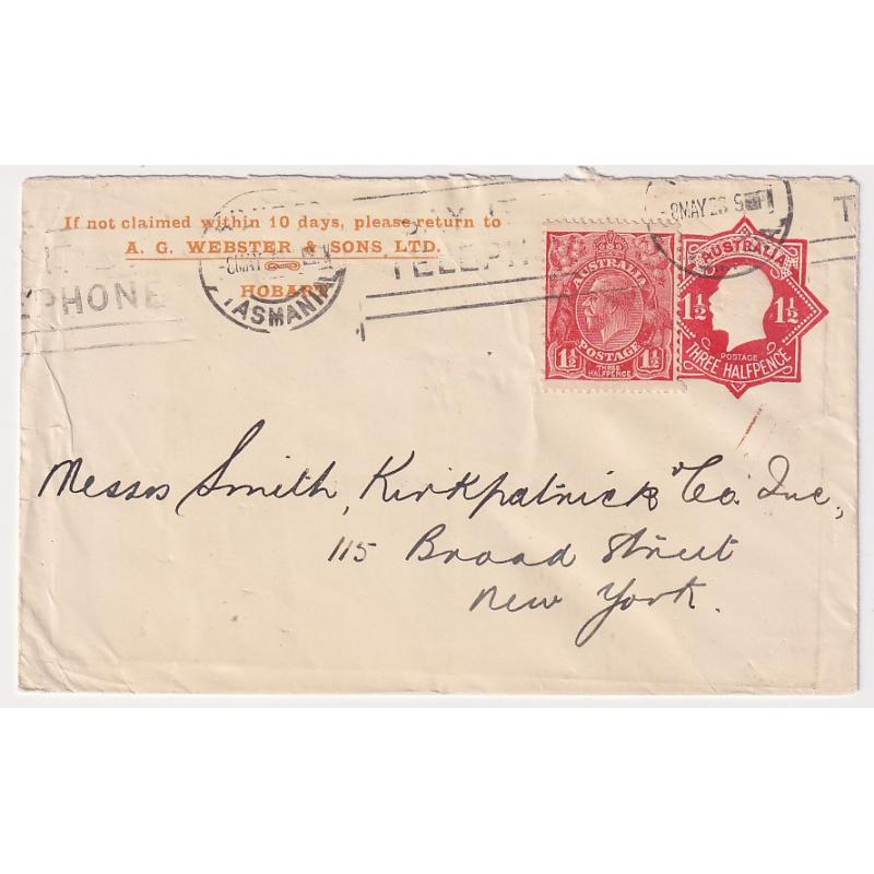 (MK1429) TASMANIA · 1928: uprated/used stamped-to-order envelope (pink interior) with 1½d red KGV "Star indicium BW ES 56  used by A.G. Webster & Sons Ltd., Hobart · some minor wear but very exhibitable