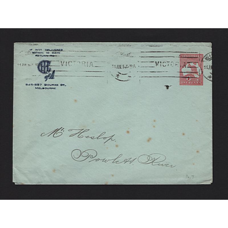 (MK15015) AUSTRALIA · 1914: used stamped-to-order envelope used by CHI, Melbourne with a Die I 1d Roo indicium BW ES3 · vendor states "scarce user on coloured envelope" · some spots but quite displayable (2 images)