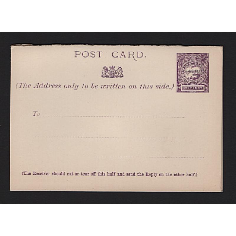 (MK15016) NEW SOUTH WALES · 1891: 1d + 1d Reply Card H&G #12 with 'One Hundred Years' indicia overprinted SPECIMEN · some minor wear on panel fold o/wise in fine condition (2 images)