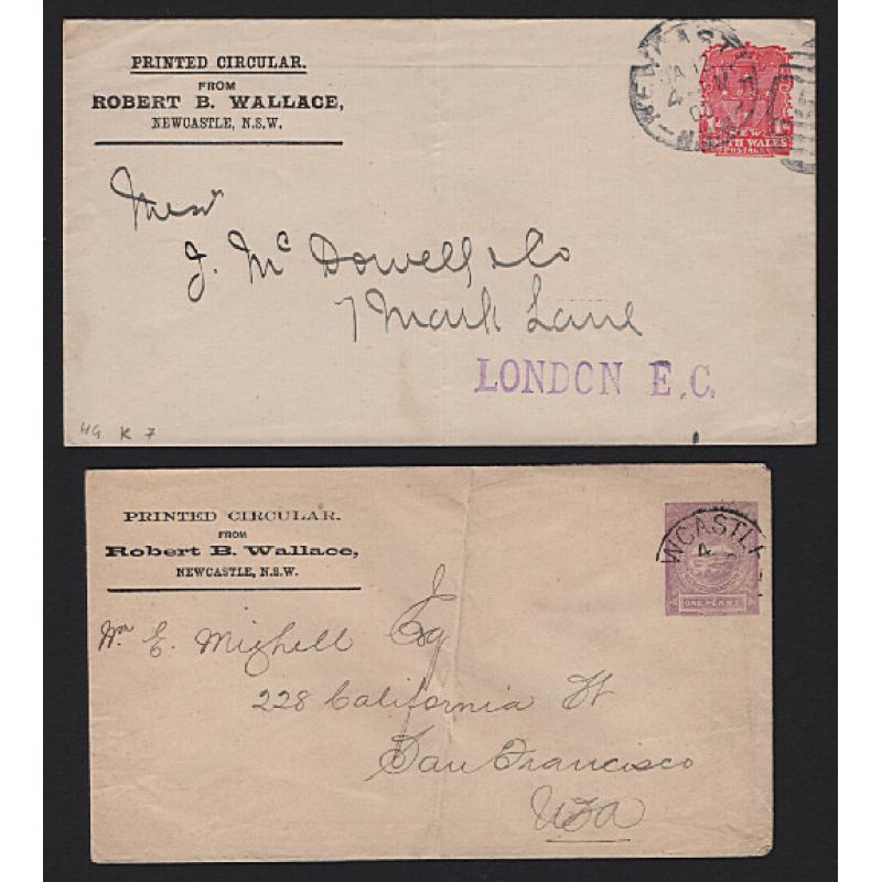 (MK15017) NEW SOUTH WALES · 1900: stamped-to-order envelopes used by Robert B. Wallace, Newcastle with Die II 1d Shield and 1d '100 Years' indicia · both have been folded but are in VG to excellent condition (2)