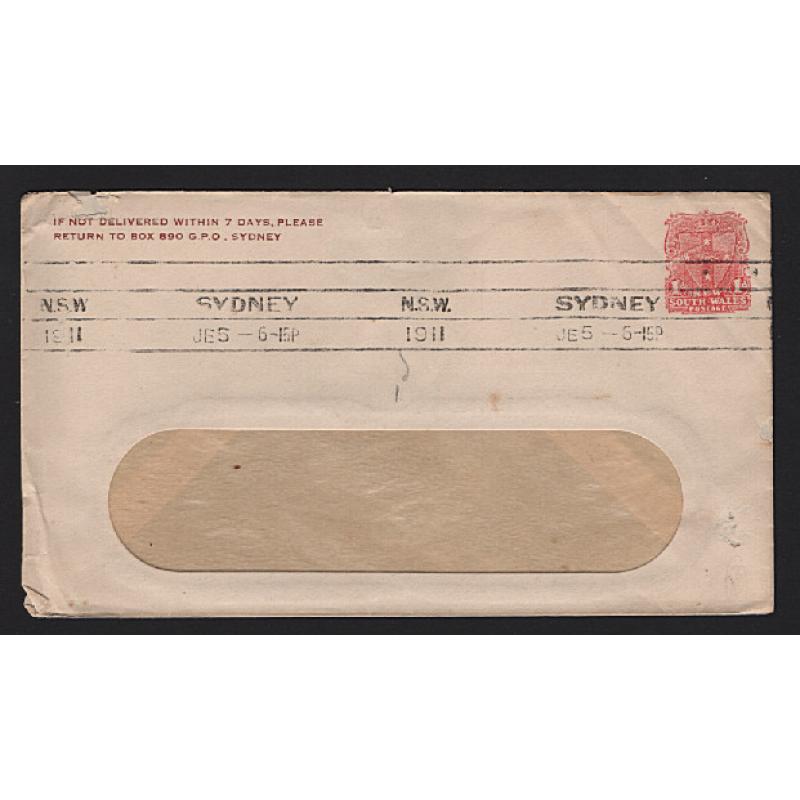 (MK15021) NEW SOUTH WALES · 1911: used window envelope with stamped-to-order Die II 1d Shield indicium H&G KB7 · used by The Civil Service Stores, Sydney · some minor imperfections but quite displayable