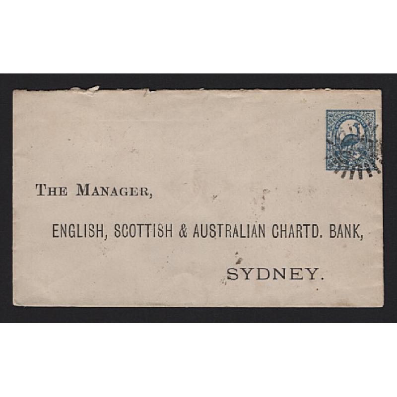 (MK15022) NEW SOUTH WALES · 1891: used stamped-to-order envelope addressed to ENGLISH, SCOTTISH & AUSTRALIAN CHARTD. BANK, SYDNEY H&G KB4 · KANGAROO VALLEY and MOSS VALE b/stamps · excellent condition