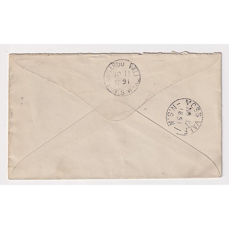 (MK15022) NEW SOUTH WALES · 1891: used stamped-to-order envelope addressed to ENGLISH, SCOTTISH & AUSTRALIAN CHARTD. BANK, SYDNEY H&G KB4 · KANGAROO VALLEY and MOSS VALE b/stamps · excellent condition