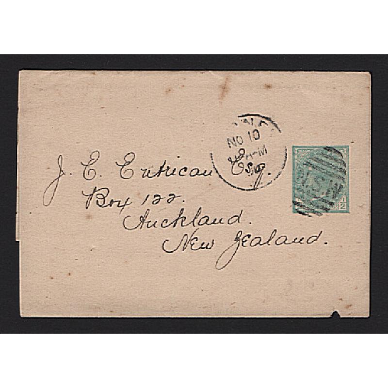 (MK15025) NEW SOUTH WALES · 1900: ½d blue-green QV wrapper H&G E10 used to New Zealand · 'stamp dealer' mail used by Smyth & Nicolle, Sydney · condition as per largest image · $5 STARTER!!