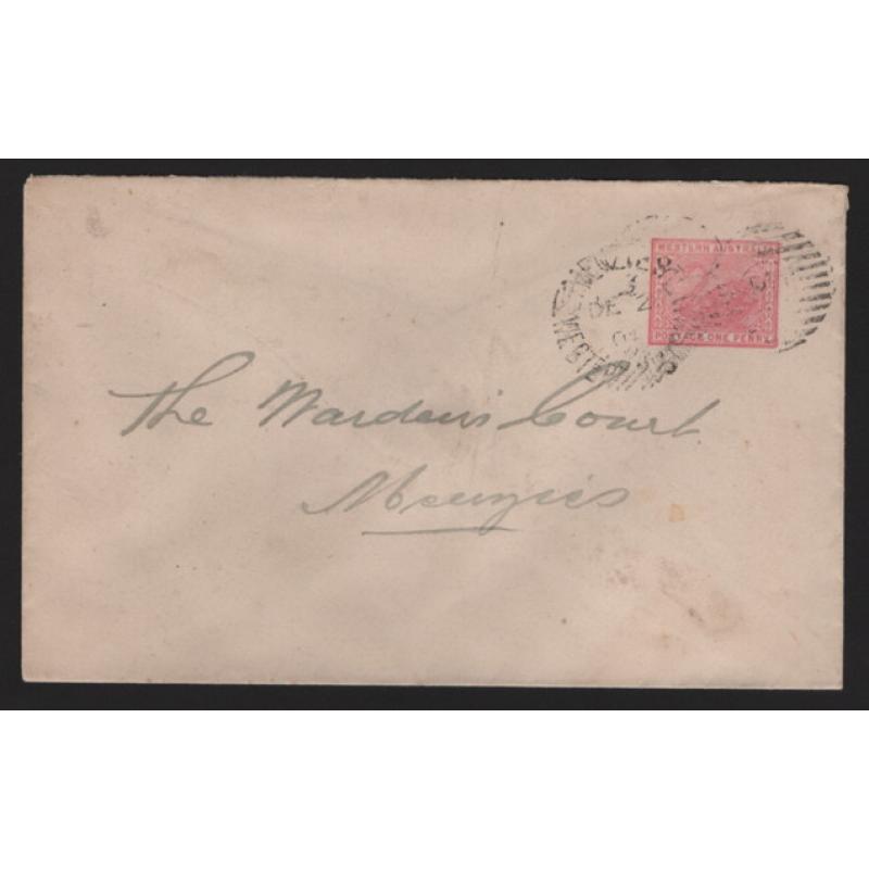 (MK15030) WESTERN AUSTRALIA · 1902: used 1d rose Swan envelope Pope EN1 · mailed at MENZIES in 1904 with a light duplex cancel · excellent condition · c.v. AU$60