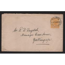 (MK15031) WESTERN AUSTRALIA · 1902: 2d orange QV envelope Pope EN3 mailed at Perth to Yallingup in 1904 · clear VASSE duplex cancel on verso · some imperfections but quite exhibitable · c.v. AU$100 (2 images)