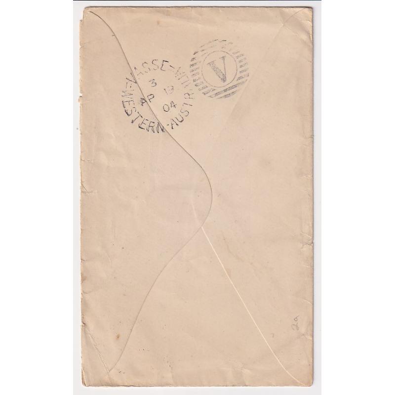 (MK15031) WESTERN AUSTRALIA · 1902: 2d orange QV envelope Pope EN3 mailed at Perth to Yallingup in 1904 · clear VASSE duplex cancel on verso · some imperfections but quite exhibitable · c.v. AU$100 (2 images)