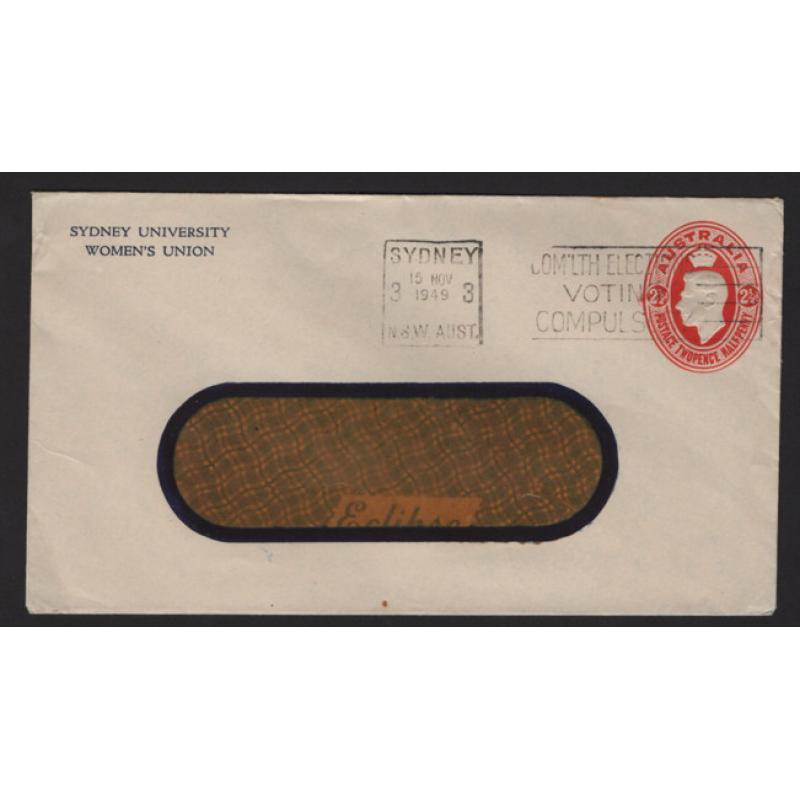 (MK15033) AUSTRALIA · 1949: used stamped-to-order envelope with oval 2½d red KGVI indicium BW ES86 used by the Sydney University Women's Union · fine condition