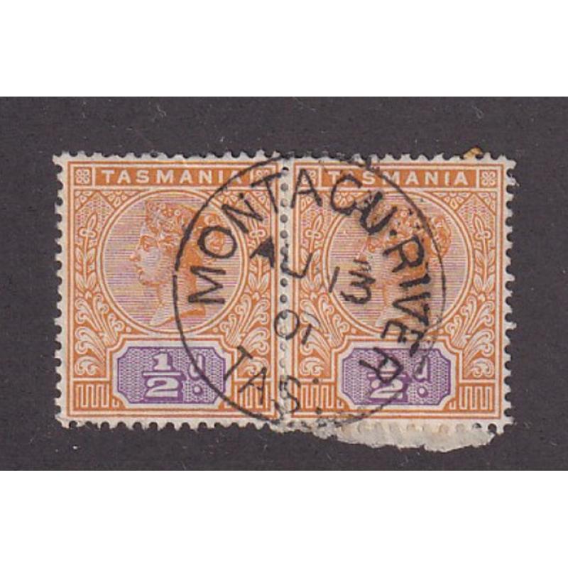 (MM10016) TASMANIA · 1901: a full clear strike of the MONTAGU RIVER Type 1a cds on a pair of ½d QV Key Plate issue · $5 STARTER!!