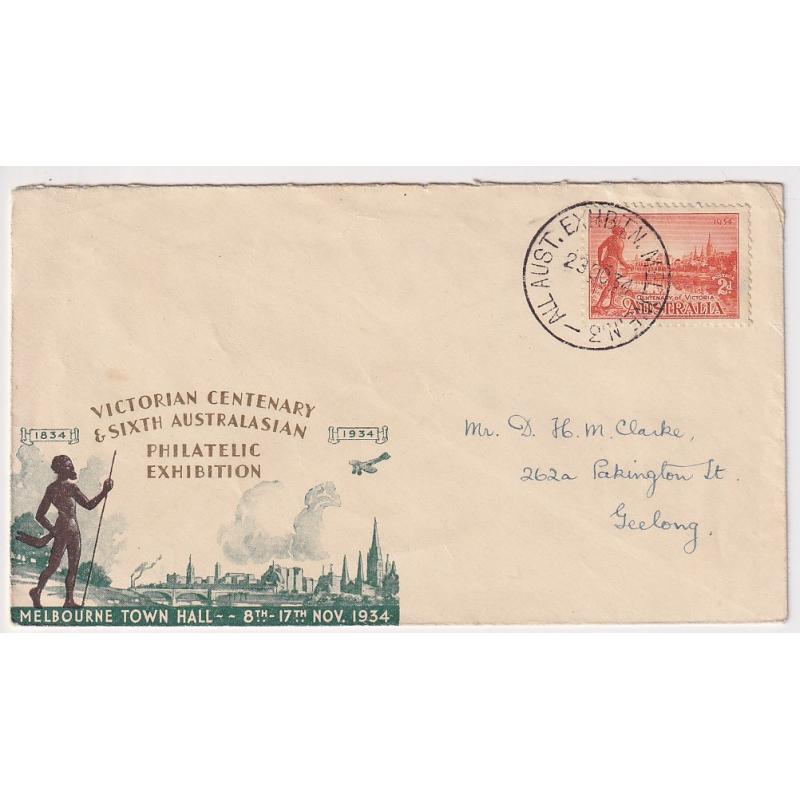 (MM10019) AUSTRALIA · 1934: Victorian Centenary Philatelic Exhibition envelope with a 2d Vic Centy commemorative tied by an A1 strike of the ALL AUST. EXHBTN MELBNE N.3 special postmark · cover is in excellent to fine condition