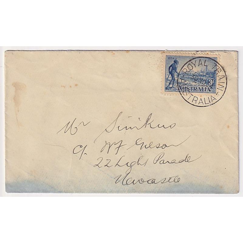 (MM10020) AUSTRALIA · 1934 (Nov 30th): envelope to Newcastle with 3d Vic Centy commemorative tied by a clear strike of the ROYAL TRAIN AUSTRALIA · note inside indicates the cover was mailed at Muswellbrook NSW · condition as per largest image