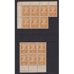 (MM1546) TASMANIA · 1900: MNH/MLH blocks of 6 and 7 of the 4d deep orange-buff Pictorial SG 234 · some imperfections so please view both largest images · total c.v. £350+ (2 images)