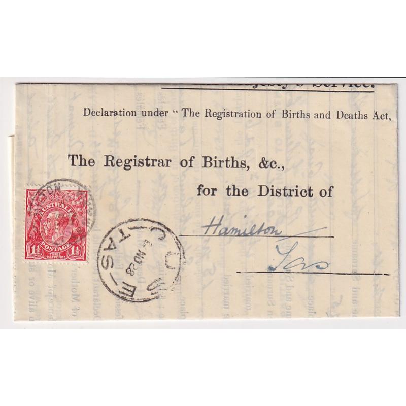 (MM1632) TASMANIA · 1928: OHMS form mailed at OUSE to The Registrar of Births &c., Hamilton · 1½d red KGV defin perf 'T' affixed by the addressee on arrival · excellent condition