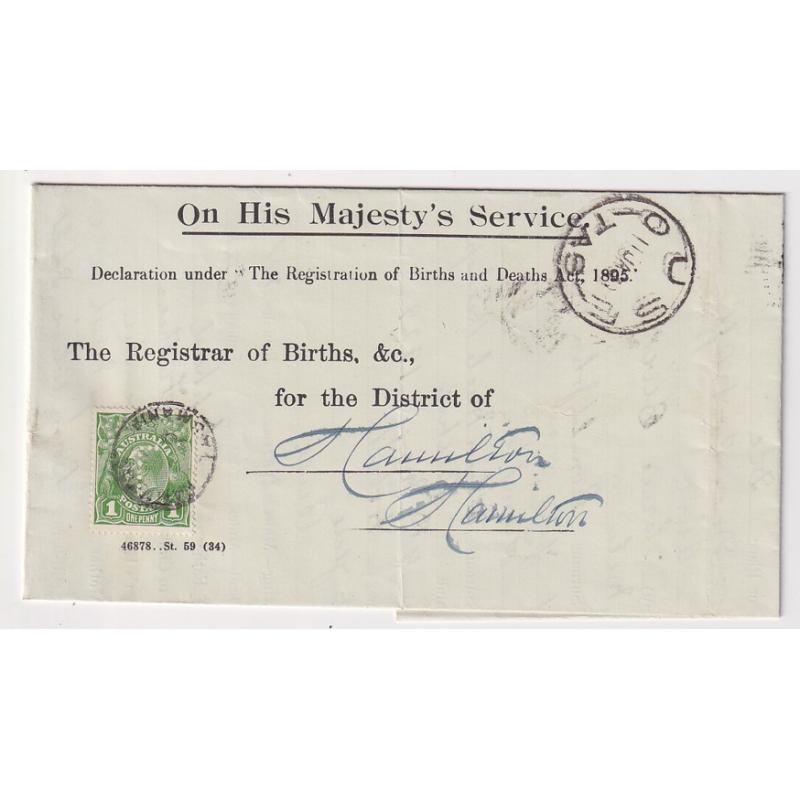 (MM1635) TASMANIA · 1930: OHMS form mailed at OUSE to The Registrar of Births &c., Hamilton · 1d green KGV defin perf 'T' affixed by the addressee on arrival · excellent condition