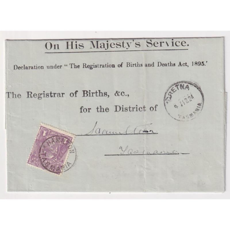 (MM1637) TASMANIA · 1924: OHMS form mailed at GRETNA to The Registrar of Births &c., Hamilton · 1d violet KGV defin perf 'T' affixed by the addressee on arrival · excellent condition