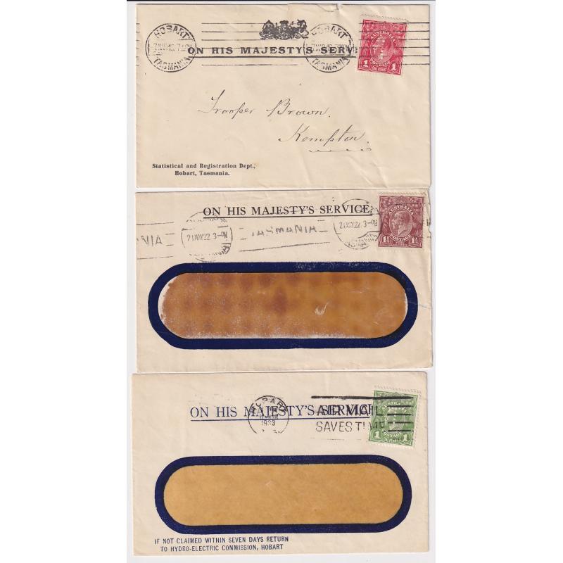 (MM1638) TASMANIA · 1916/33: six small OHMS covers each bearing a different letter-rate KGV defin perf 'T' · overall excellent condition (2 images)