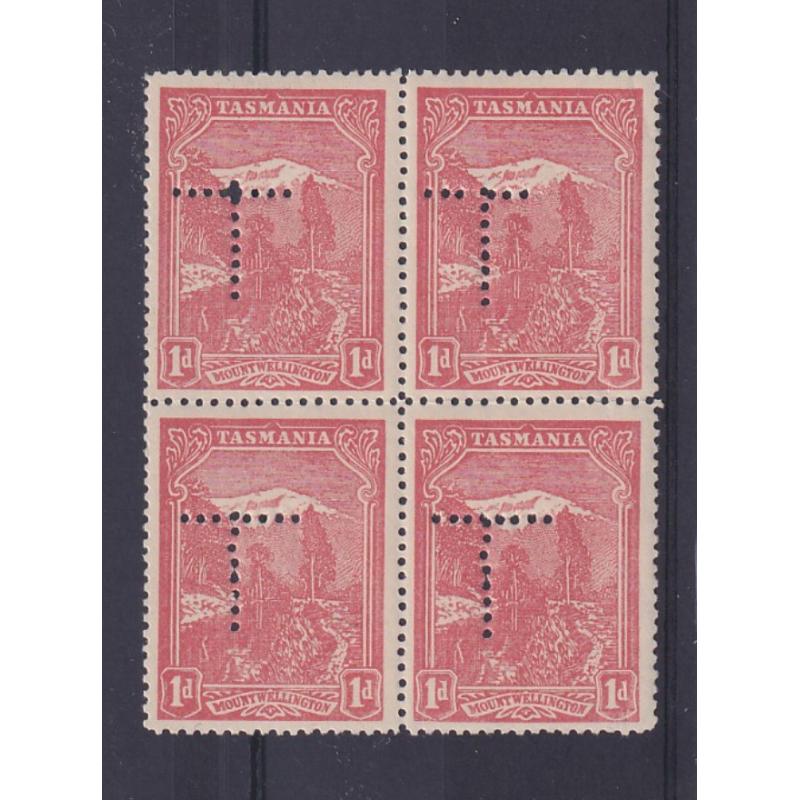 (MM1643) TASMANIA · 1905: MNH block of 4x 1d rose-red Pictorials (inverted Crown/A wmk · perf 12.4) SG 250 perf 'T' (8x8 holes) · some minuscule gum disturbances o/wise in fine condition (2 images)