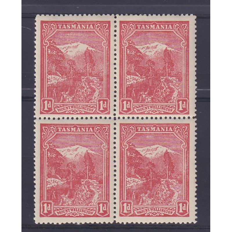 (MM1646) TASMANIA · 1907: M/MNH block of 4x 1d rose-red Pictorial (Crown/A wmk · perf.12.4) SG 250e · one toned perf tip o/wise in fine condition ..... see both large images · total c.v. £104 (2 images)