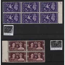 (MP1514) GREAT BRITAIN · MLH/MNH block of 4x 1½d KGVI Coronation (1937) and a MNH block of 6x 3d Peace commems both with a major VARIETY SG 461a & SG 492a · see description · total c.v. £105 (2 images)