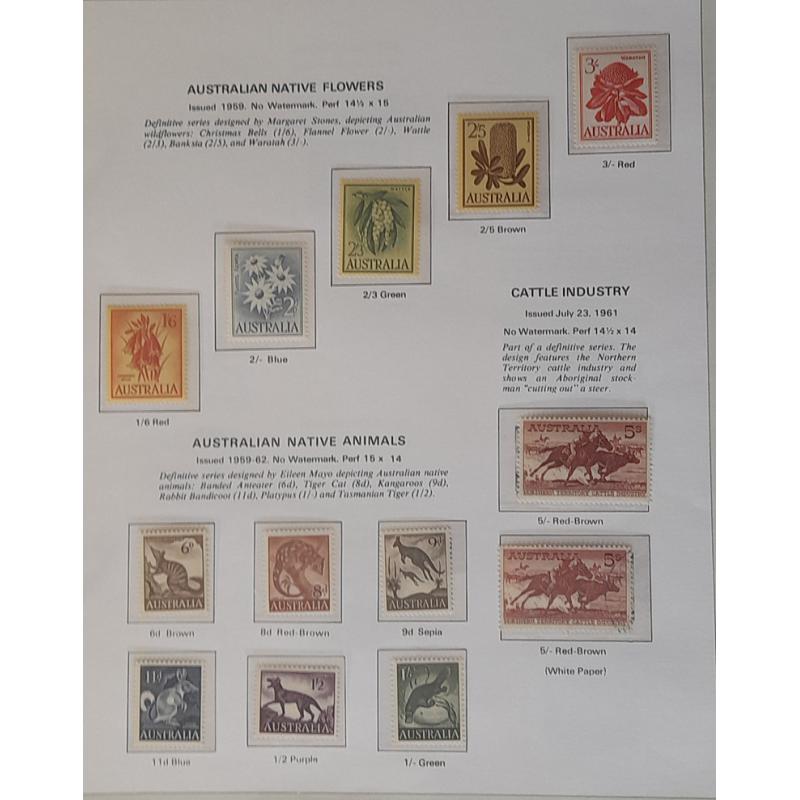 (PB1045A) AUSTRALIA · 1913/65: binder with 7 Seas pages housing a still promising remaindered collection of MNH/M/U oddments and sets from the period · noted some good "pickings" (see description) · condition a little mixed (8 sample images)