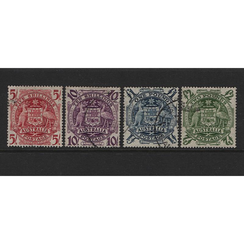 (PB1539) AUSTRALIA · 1949/50: lightly used set of Arms definitives SG 224a/224d in fine condition front/back · c.v. £20+ · $5 STARTER!!