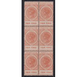 (PE1029) SOUTH AUSTRALIA · 1903: block of 6x mint 4d orange-red "Thin Postage" QV Long Stamp SG 281 (4 units are MNH) · some perf separation between units 2 & 4 o/wise in nice condition (2 images)