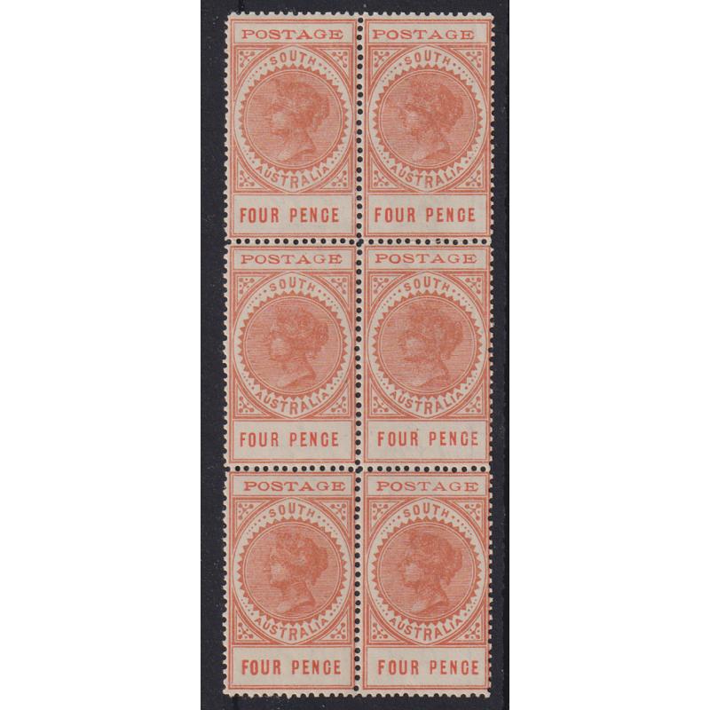 (PE1029) SOUTH AUSTRALIA · 1903: block of 6x mint 4d orange-red "Thin Postage" QV Long Stamp SG 281 (4 units are MNH) · some perf separation between units 2 & 4 o/wise in nice condition (2 images)