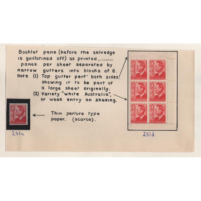 (PE15032) AUSTRALIA · 1951: MNH 3d scarlet KGVI definitive printed on thin paper BW 251a c.v. AU$75 · also "bonus" booklet pane of 6 BW 251d · 2 items