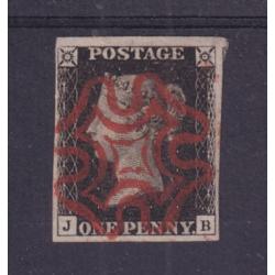 (PL1100)  GREAT BRITAIN · 1840: 4 margin Plate 6 1d black QV SG 2 socked-on-the-nose with a red MC cancel · fine condition · c.v. £400 (2 images)