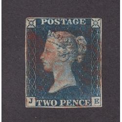 (PL1102)  GREAT BRITAIN · 1840: lightly used Die I 2d blue QV SG 5 · 4 close but clear margins .... see largest images · c.v. £975 (2 images)