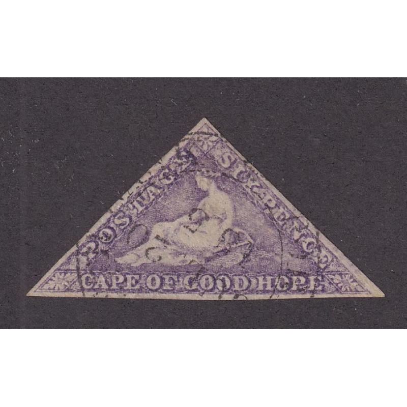 (PL1103) CAPE OF GOOD HOPE · 1864: finely used 6d bright mauve Cape Triangle SG 20 with 3 excellent margins · see full description · c.v. £550 (2 images)