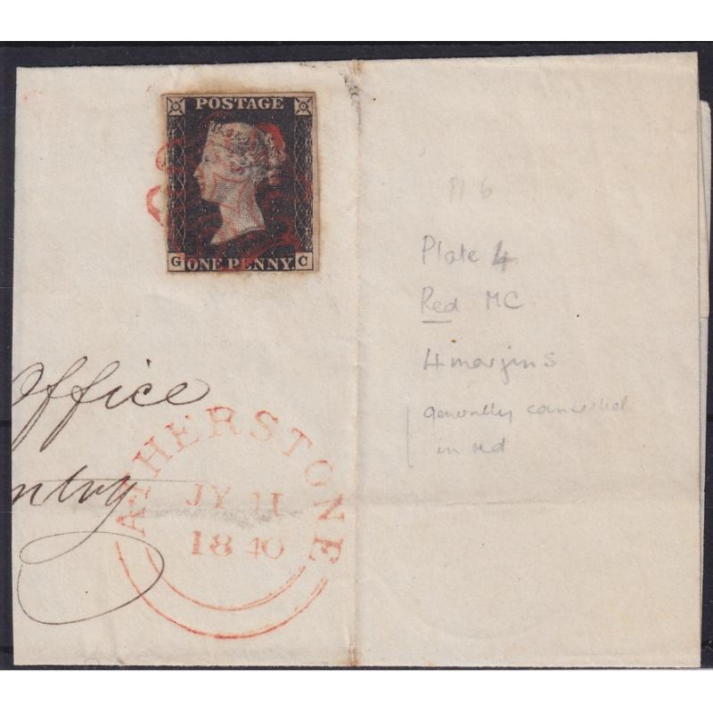 (PL1106)  GREAT BRITAIN · 1840: near 4 margin Plate 4 1d black QV SG 2 tied to a large folded letter piece by a red MC postmark · clear ATHERSTONE datestamp below · c.v. £425