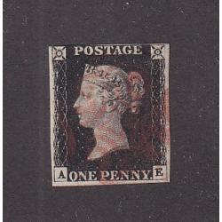 (PL1107)  GREAT BRITAIN · 1840: nicely used Plate 6 1d black QV SG 2 · 3 margins, the fourth just touching in NW corner · c.v. £400 (2 images)