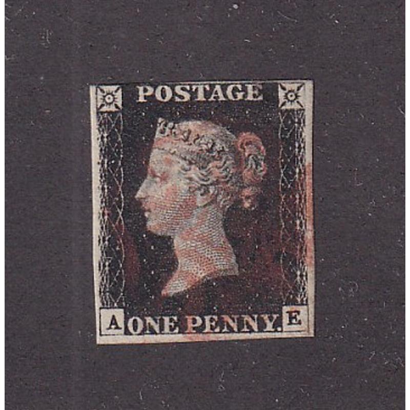 (PL1107)  GREAT BRITAIN · 1840: nicely used Plate 6 1d black QV SG 2 · 3 margins, the fourth just touching in NW corner · c.v. £400 (2 images)