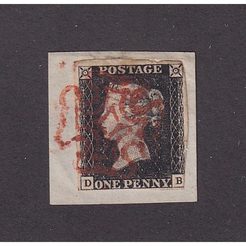 (PL1108)  GREAT BRITAIN ·three margin  Plate 4 1d black QV SG 2 tied to a neatly trimmed piece by a light red MC cancel · c.v. £425