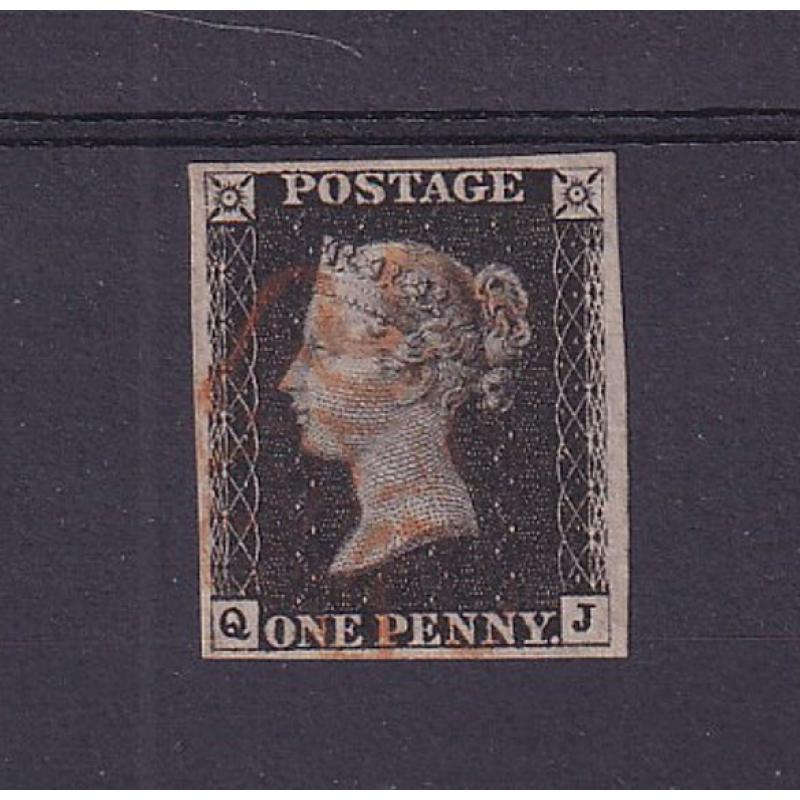 (PL1109)  GREAT BRITAIN · 1840: 4 margin Plate 5 1d black QV SG 2 nicely used with a red MC cancel · fine condition front and back · excellent margins · c.v. £400