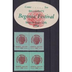 (PM1036) VICTORIA · 1956: three different poster stamps advertising BALLAARAT'S BEGONIA FESTIVAL · the blue paper label has a gum bend o/wise condition is excellent to fine (3 items)