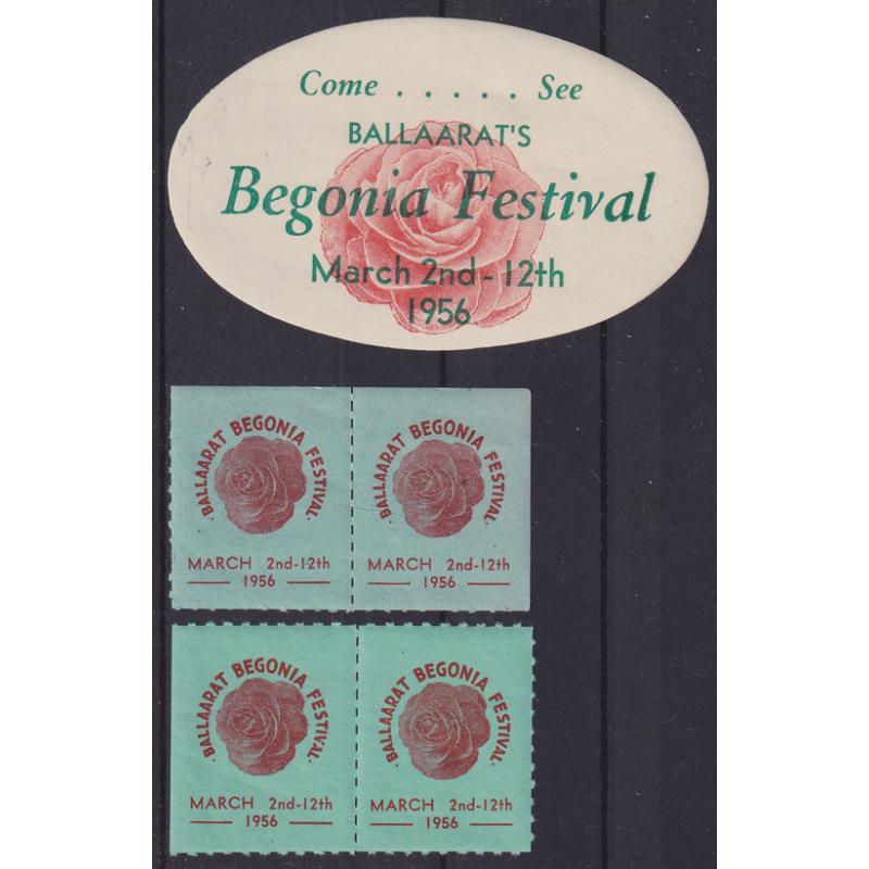 (PM1036) VICTORIA · 1956: three different poster stamps advertising BALLAARAT'S BEGONIA FESTIVAL · the blue paper label has a gum bend o/wise condition is excellent to fine (3 items)