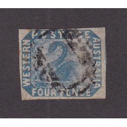 (PM1037) WESTERN AUSTRALIA · 1854: used imperf 4d blue Swan with 4 margins close to large · a couple of scissor nicks in base o/wise in  excellent condition · a very collectable example · c.v. £250 (2 images)