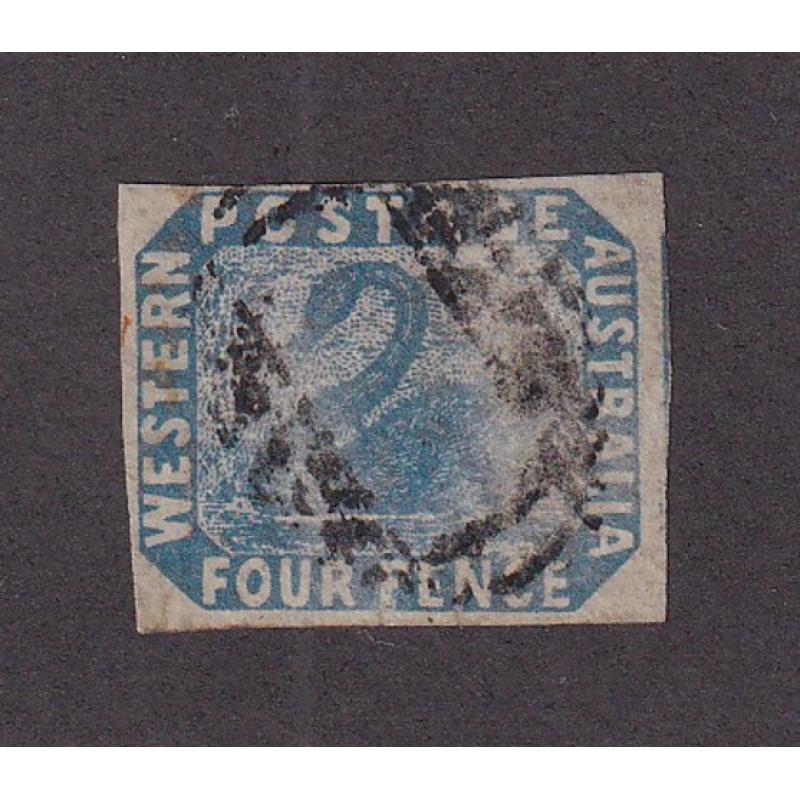 (PM1037) WESTERN AUSTRALIA · 1854: used imperf 4d blue Swan with 4 margins close to large · a couple of scissor nicks in base o/wise in  excellent condition · a very collectable example · c.v. £250 (2 images)